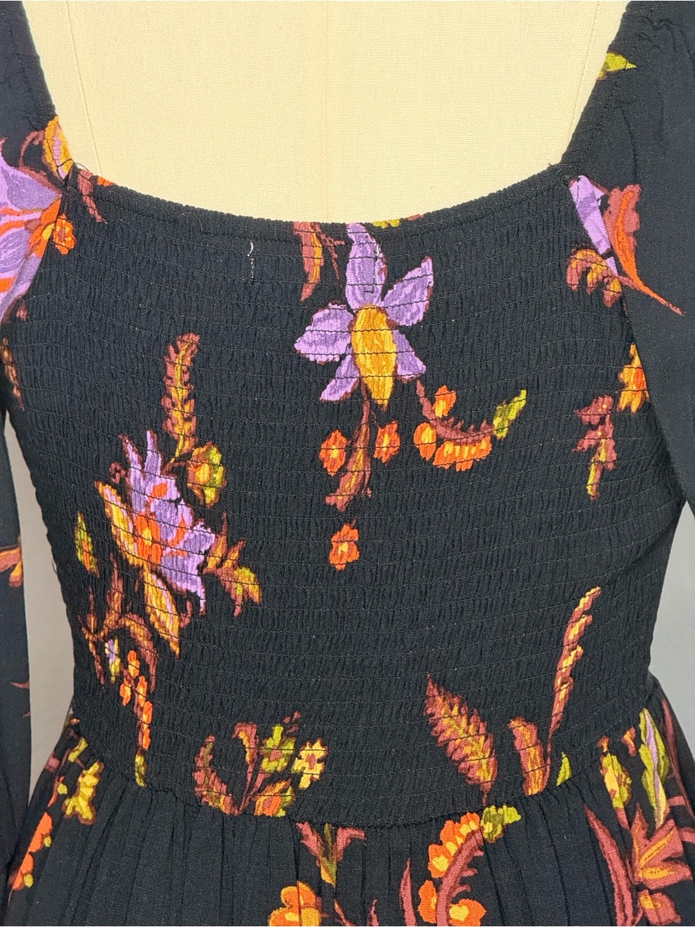 Floral Square-Neck Long Sleeve Maxi Dress - Black with Purple & Orange Floral - Picture 9 of 14